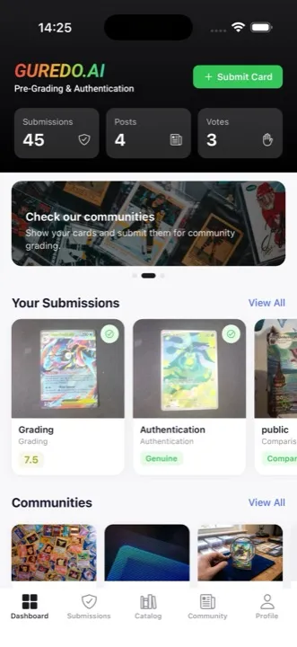 The Guredo.AI dashboard showing submission stats and recent cards
